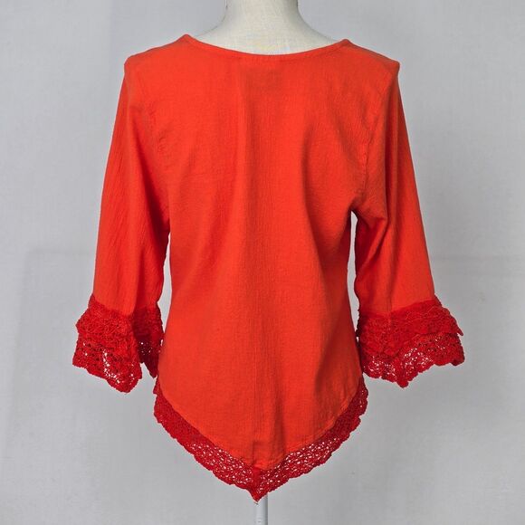 Dunes Relaxed Fashion Womens M Coral Orange Cotton Gauze Crochet Trim Blouse Top - Picture 3 of 12